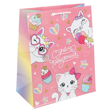Пакет подарочный глянцевый Котенок выглядывает на розовом 26х32 400304