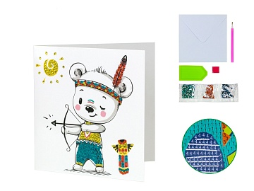 Алмазная мозаика, Открытка своими руками "Мишка-индеец" 15*15см M-10472*