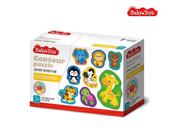Пазлы контурные Половинки "Дикие животные" Baby Toys 04121