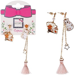 Lukky Fashion серьги-гвоздики с подвесками металл+эмаль Кошечка и веер Т24634
